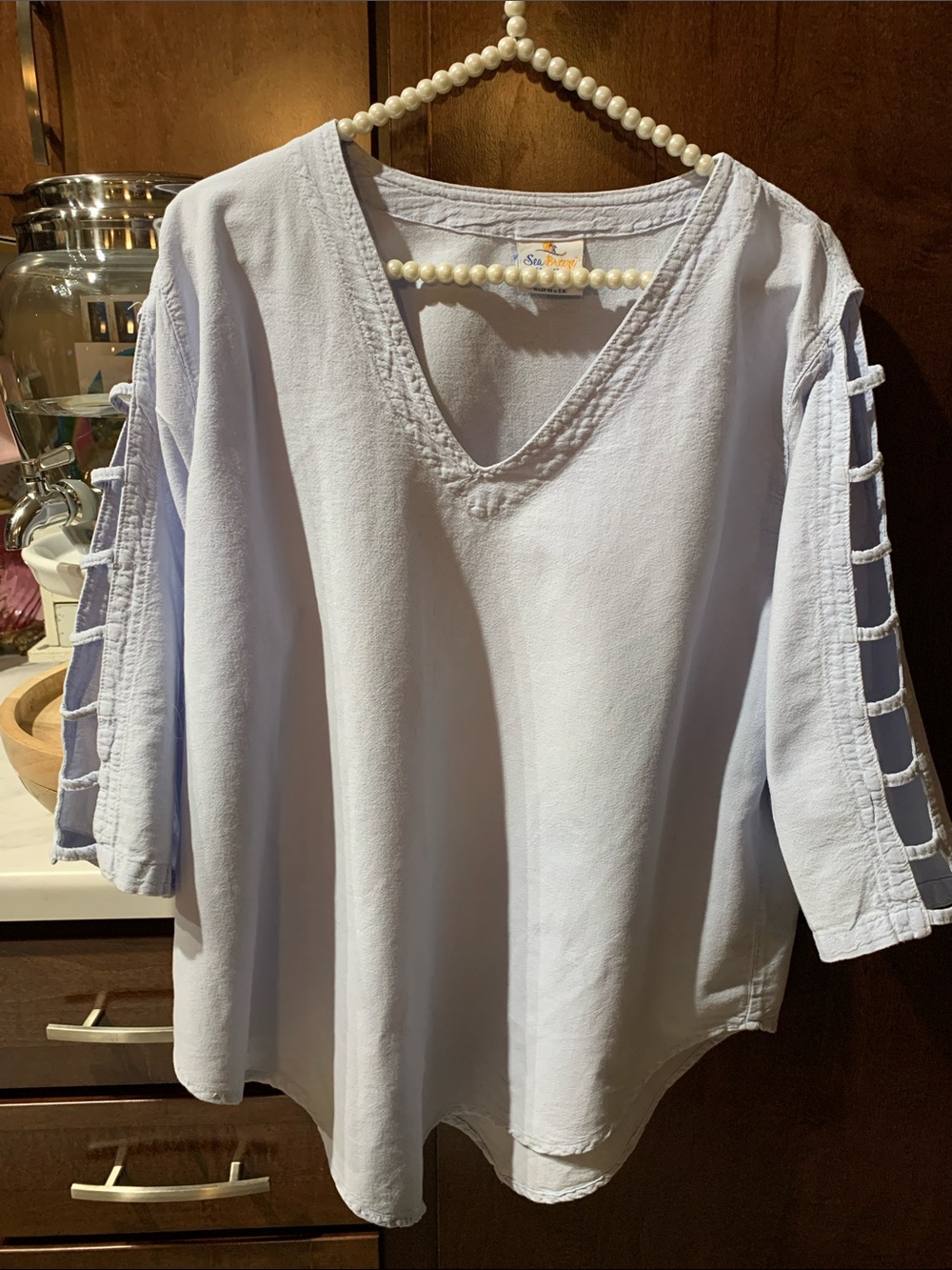 Sea Breeze 100% Cotton Chambray Ladder-Sleeve V-Neck Top Size L